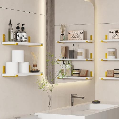 Fixwal Floating Shelves Set of 5, Width 4.7 Inches Wall Shelves, Rustic Wood Wall Storage Shelves for Bedroom, Living Room, Kitchen, Bathroom, Home Decor, Laundry Room, Office and Plants (White Gold) thumbnail 2