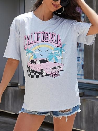 YIJIU Women's Graphic Oversized T Shirts Letter Print Short Sleeve Loose Casual Summer Tops - X-Small - B Grey thumbnail 5