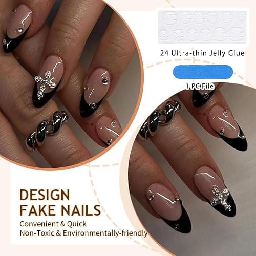 GlamRays 24 Stück Press On Nails Mandel 3D Legierung Kreuz Design Schwarz Französische Spitze Mittel Mit Design Passgenau Acryl Falscher Nagel Set thumbnail 3