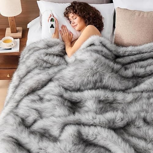 Faux Fur Heated Electric Blanket Throw, 50"X60" Heating Blanket Gifts for Women Mom Winter Warming Warm Luxury Super Cozy Fuzzy Heavy Plush Fluffy Decor, 10 Heat Levels 8H Auto Off,White - Image 1