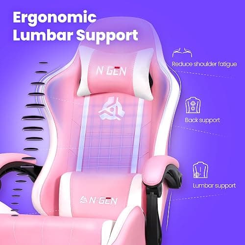 N-GEN GAMING Video Gaming Chair with Footrest Lumbar Support for Home Office High Back Recliner Height Adjustable Ergonomic Comfy Leather Computer Desk Chair (Pink) thumbnail 4