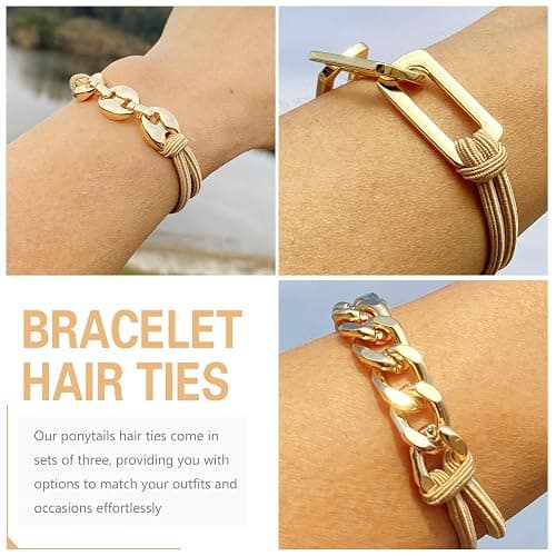 Bracelet Hair Ties for women - Ponytail Holders - Cute Hair Accessories with Gold Jewelry - Handmade Soft Elastic No Damage Scrunchies - Khaki thumbnail 3