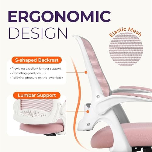 NEO CHAIR Office Desk Gaming Ergonomic Computer Chair with Lumbar Back Support Adjustable Height Swivel Rolling Wheels Flip-up Arms Mesh Chair for Home Vanity (Pink) thumbnail 3