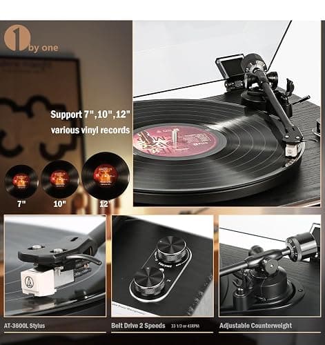 1 BY ONE High Fidelity All-in-One Record Player, Vinyl Turntable | Built-in Speakers, Magnetic AT-3600L Cartridge, RCA Output, Belt Drive, Bluetooth Input, Auto Stop, Phono Preamp,Black Walnut thumbnail 4
