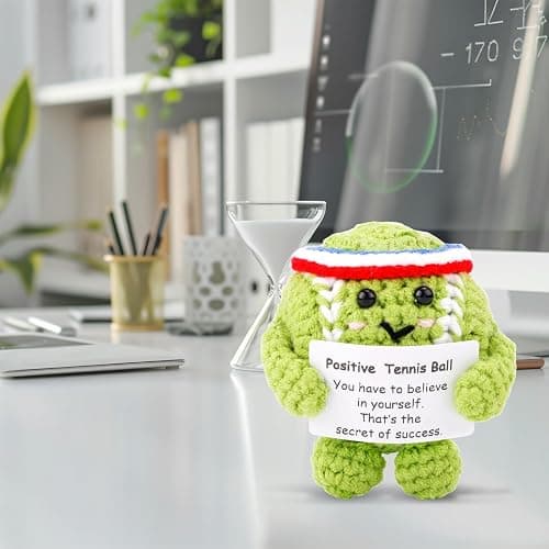 Positive Tennis Ball, Cute Funny Crochet Inspirational Tennis Ball Positive Knitted Animal Doll Crochet Toy with Positive Card for Sports Lover Friends Party Decorations thumbnail 6