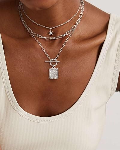 MJartoria Layered Initial Necklaces for Women Trendy, 14K Gold Plated Brass Simple Star Choker Square Letter Pendant Necklace, Paperclip Chain Necklaces Jewelry Gifts thumbnail 3