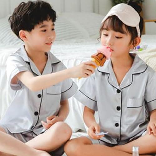 Risipu Silk Pyjamas Kids Set Unisex Short Sleeve Girls Pyjamas Solid Color for Kids thumbnail 7