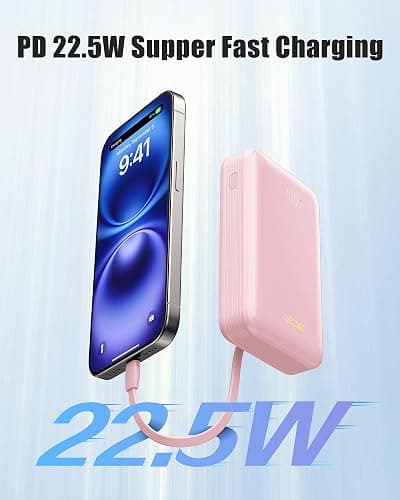 Qecvec Power Bank,Portable Charger 20000mAh with 2 Built-in Cables, 22.5w Fast Charging Battery Pack, LED Display Backup Battery, Travel Battery Pack for iPad, iphone Samsung and More (Pink) thumbnail 2