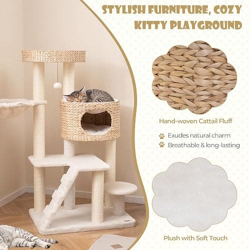 PETSITE 50 inch Cattail Cat Tree Tower, Multi-Level Cat Tower with Sisal Scratching Posts, Cat Condo, Cat Basket, Ladder, and Top Perch with Removable Soft Cushion, Modern Cat Tree for Indoor Cats thumbnail 7