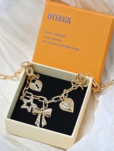 OTEEGX Gold Charm Necklaces for Women, 18K Gold Plated Bow Pendant Necklace Gold Heart Chain Aesthetic Star Jewelry thumbnail 4