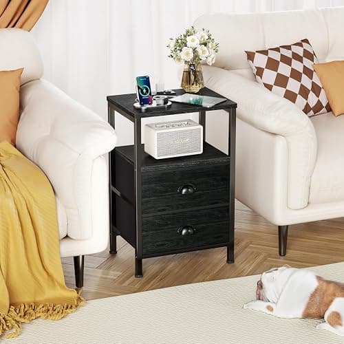 Furologee Nightstands Set of 2, End Tables with Charging Station and LED Lights, Black Night Stands with 2 Fabric Drawers, Bedside Tables Set of 2 for Living Room/Bedroom,Black Oak - 2 PC - drawer on bottom - Black Oak thumbnail 7
