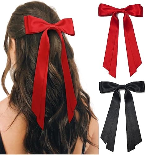 Cute Hair Accessories: Bow Clips, Ribbon Barrettes with Tassels, and Hair Bows for Women in Black and Red - Image 1