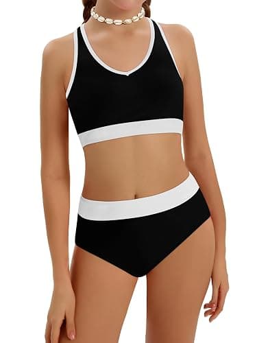 Girls Swimsuit Color-Block High Waist Sporty Sets Girls Two Piece Bathing Suit with Chest Pad Swimwear 7-16T thumbnail 9