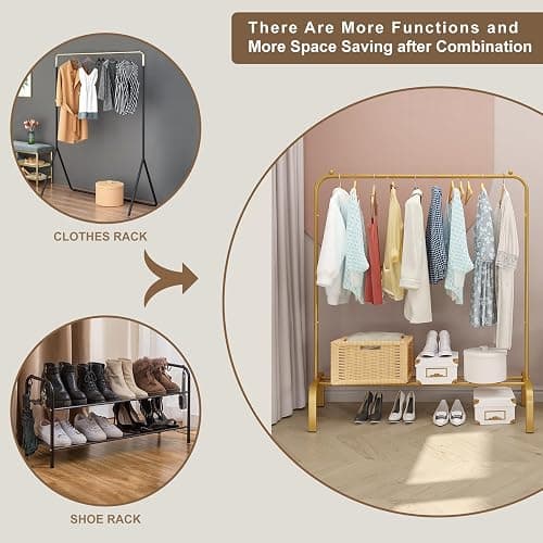 JIUYOTREE Metal 43.3 Inches Garment Rack with Bottom Shelf Clothing Rack for Hanging Clothes Coats Skirts Shirts Sweaters Gold thumbnail 6