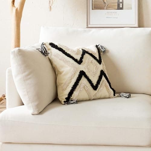 Woven Tufted Boho Throw Pillow Cover, Modern Decorative Geometric Chevron Striped Cushion with Tassels, Farmhouse Tribal Pillowcases for Couch Sofa Bedroom Living Room, 18 x 18 Inches, Black, Ivory thumbnail 5
