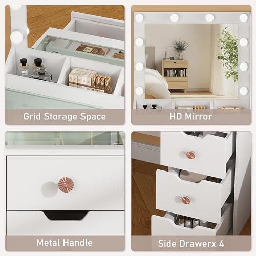 YaoYaoJia Makeup Vanity Desk with Mirror and Lights,35.4" White Vanity with Glass Top,Vanity Table with 5 Drawers,3 Lighting Modes & Brightness Adjustable Dressing Table for Bedroom thumbnail 6