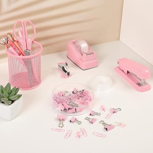 SKYDUE Pink Stapler and Tape Dispenser Set, Pink Office Desk Accessories | Pink Office Supplies, Stapler, Tape Dispenser, Scissors, Clips and 1000pcs Staples,Office Supplies for Desk for Women thumbnail 9