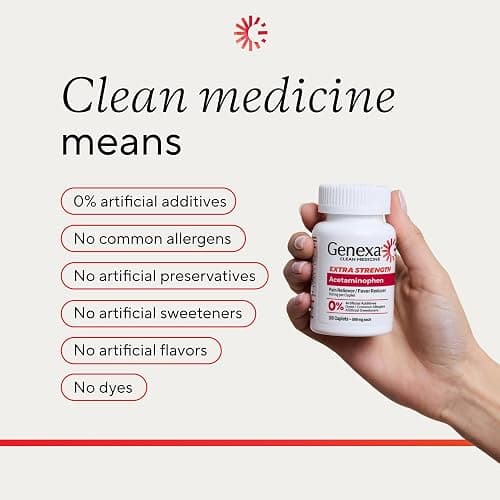 Genexa Acetaminophen 500mg Extra Strength Made Clean, 100 Tablets | Pain & Fever Medicine for Adults, Dye Free, 0% Artificial Additives, Relieves Headache, Backache, Minor Arthritis Pain thumbnail 5