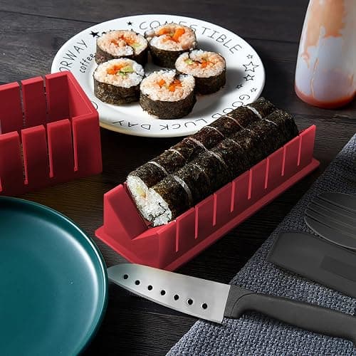 HI NINGER Sushi Making Kit Deluxe Edition Complete Sushi Maker Kit 12PCS Home Sushi Mold Press with Sushi Rice Roll Mold Shapes,Fork , Sushi Knife,Sushi Rolling Mat,Chopsticks thumbnail 6