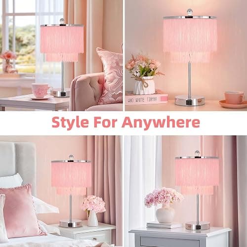 Lovlast Pink Lamp for Girls Room, Fringe Touch Table Lamp for Teens Room | Girly Tassel Lamp with 3-Way Dimmable for Nightstand, Bedside Touch Lamp with USB C+A Ports for Dorm, Dresser, Bulb Included thumbnail 5