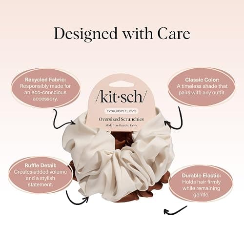 Kitsch Recycled Satin Oversized Scrunchies – Large Hair Scrunchies for Women, Eco-Friendly Hair Ties & Ponytail Holders | Ideal Gifts for Women - Camel & Cream, 2pc Set thumbnail 4