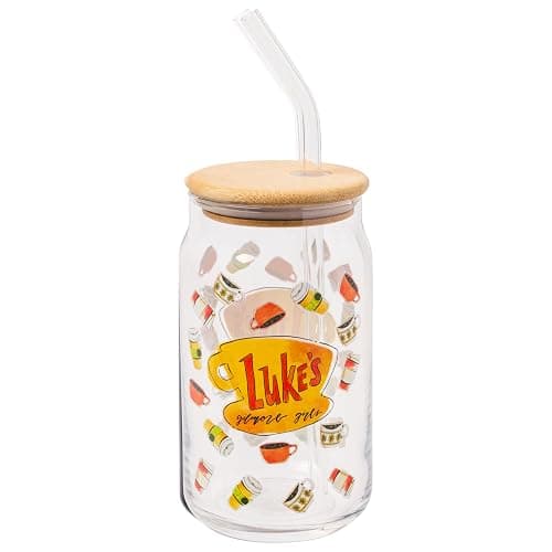 Silver Buffalo Gilmore Girls Luke's Diner Logo Glass Jar Tumbler with Bamboo Lid and Glass Straw, 16 Ounces - Image 1