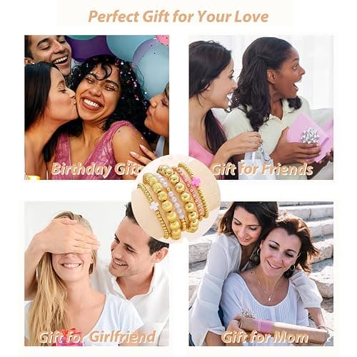 HUASAI Gold Bracelet Stack for Women Beaded Bow Bracelet Non Tarnish Chunky Stretch Paperclip Cross Pearl Bracelets Set Christmas Jewelry Gifts Stocking Stuffers for Teen Girls thumbnail 7