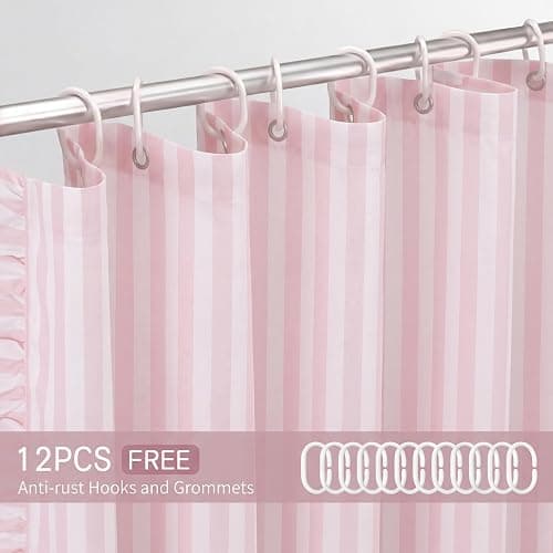 *BOUGHT* Pink Striped Shower Curtain with Ruffle Edge Cotton-Textured Shower Curtain 72x72 Inches Vintage Country Style Fabric Bath Decoration for Farmhouse Bathroom thumbnail 3