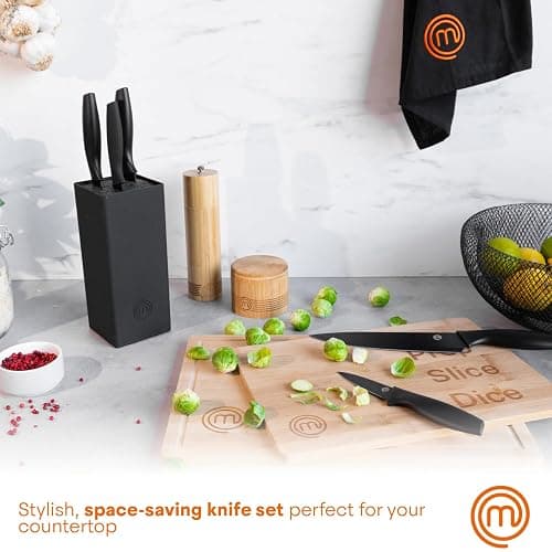 MasterChef Knife Set with Block, 5 Kitchen Knives with Sharp Stainless Steel Blades (Chef, Paring, Utility, Carving, Bread) Soft Touch Easy Grip Handles & Universal Knife Holder, Essential Black - Essential thumbnail 2