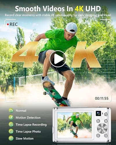 4K Digital Camera for Photography 48MP Dual Lens Autofocus 16X Zoom, White | Portable with Anti-Shake, Flash, 2.8" Screen, Vlogging Camera for YouTube Travel Selfies, Beginners, 32GB Card, 2 Batteries thumbnail 2