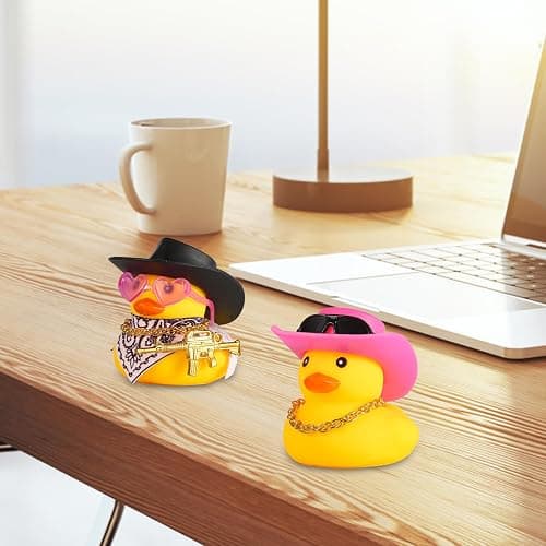 2pcs Rubber Duck Car Ornaments, Funny Rubber Ducks Car Dashboard Decorations Duck Car Accessories with Cowboy Hat Mini Scarf Necklace and Sunglasses for Car Desk Office Decor thumbnail 7