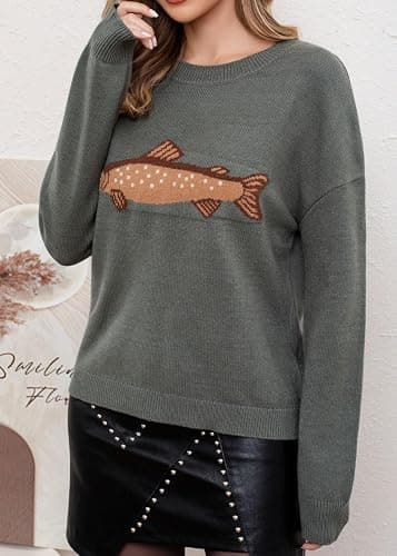 CHARTOU Women Fashion Crew Neck Rib Knit Crucian Carp Graphic Oversized Y2k Pullover Sweater Jumper thumbnail 3