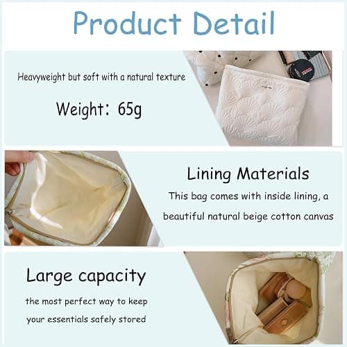 uekeboag White Quilted Cotton Makeup Pouch,Coquette Quilted Toiletry Bag for Women and Girls, Floral Coquette Organizer Bag, Aesthetic Travel Cosmetic Bags(03White Shells) thumbnail 4