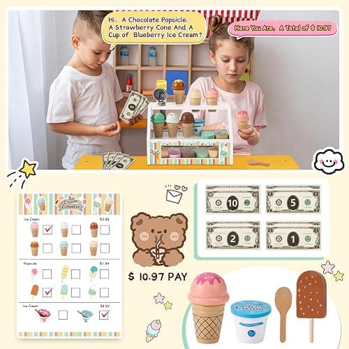 Wooden Ice Cream Toys for Kids Pretend Play Kitchen Food Toys with Scoop & Menu & Fake Money, Ice Cream Counter Shop Playset for 3 4 5 6 Year Old Girls Boys Birthday Gifts thumbnail 3