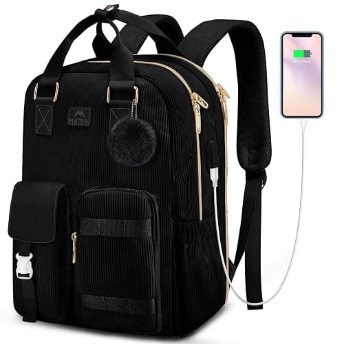 MATEIN Cute Laptop Backpack for Women, 15.6 Inch Corduroy Computer College Backpack with USB Charging Port, TSA Lightweight Aesthetic Back Pack Travel Laptop Daypack for Work Nurse Teacher Gift, Black thumbnail 9