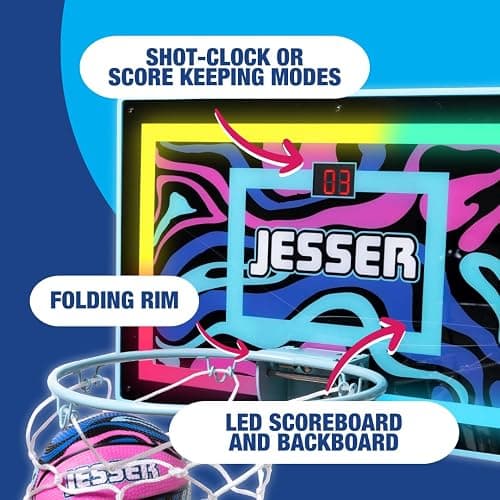 Jesser Hoop Over The Door Mini Basketball Hoop – 2 Gameplay Modes: Shot Clock or Score Keeping, 5" Exclusive Ball, Electric LED Scoring, Net, Air Pump - Indoor Sports Fun for Kids 6+ thumbnail 2