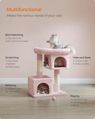 Feandrea Cat Tree, 33.1-Inch Cat Tower, Plush Condo for Large Cats up to 16 lb, Large Perch, 2 Caves, Scratching Post, Jelly Pink UPCT061P01 thumbnail 4