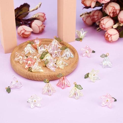 Cheriswelry 32Pcs Acrylic Flower Pendants Lily Floral Plastic Dangle Charms with Pearl Beads 20mm 8 Colors for DIY Crafts Necklace Earring Jewelry Making Decoration thumbnail 6