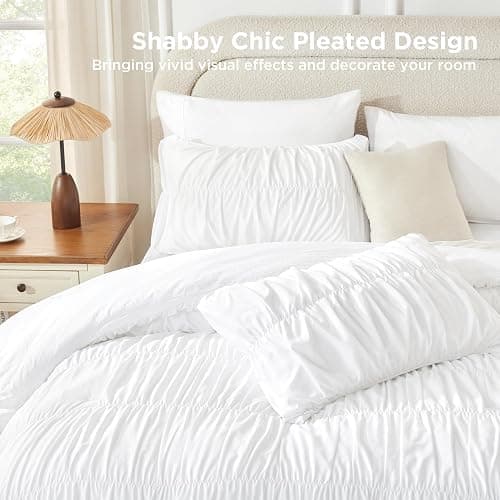 Andency Ruched White Queen Comforter Set, Shabby Chic Pleated Bedding Sets 3 Pieces, Lightweight Soft Boho Ruffle Bed Set for Girls, Kids, Women, All Season thumbnail 3