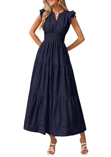 PRETTYGARDEN Women's Summer Eyelet Boho Maxi Dresses | V Neck, Elastic Waist, Cap Sleeve, Tiered Ruffle, A-Line, Floral Lace Cutout, Wedding Guest Dress, Beach Vacation Clothes - Image 1