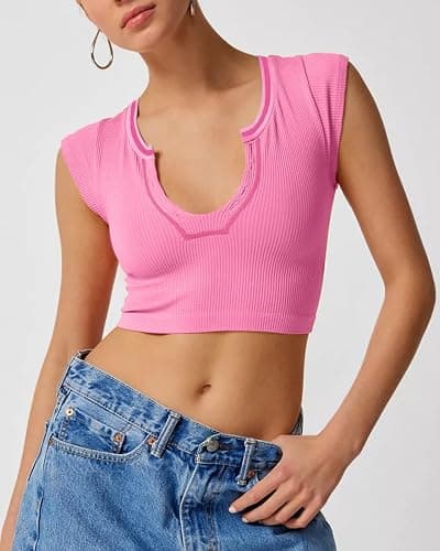 Beumissy Women's Crop Top Crew Neck T-Shirt Short Sleeve Ribbed Knit Basic Crop Tank Top thumbnail 2