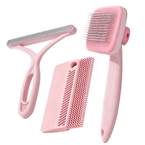 Petobey Self-Cleaning Cat Shedding Grooming Brush for Small Dog Pet Short Hair Remover Set Reusable Lint Removal Tool Carpet Scraper for Clothes Couch Bedding Furniture Car Pink - Image 1