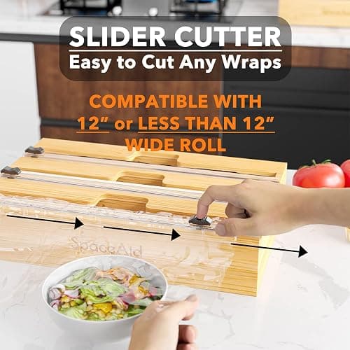 SpaceAid WrapNeat 3 in 1 Wrap Organizer with Cutter and Labels, Plastic Wrap, Aluminum Foil and Wax Bamboo Dispenser for Kitchen Storage Organization Holder for 12" Roll (Natural) thumbnail 6