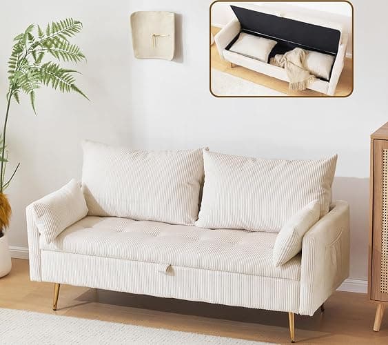 Furnimart 2-Seater Storage Loveseat Sofa for Small Spaces, 62“ Corduroy Small Couch with Removable Cushion Cover and Gold Leg for Bedroom, Apartment, Tiny Homes and Lofts, Beige - Image 1