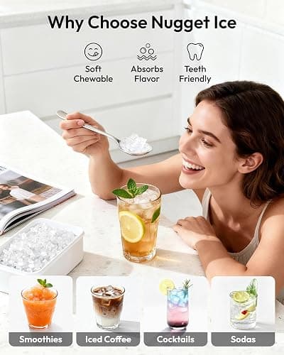 EUHOMY Nugget Ice Maker Countertop with Handle, Ready in 6 Mins, 34lbs Per Day, Removable Top Cover, Auto-Cleaning, Portable Sonic Ice Maker with Basket and Scoop, for Home/Party/RV/Camping (Black) thumbnail 5