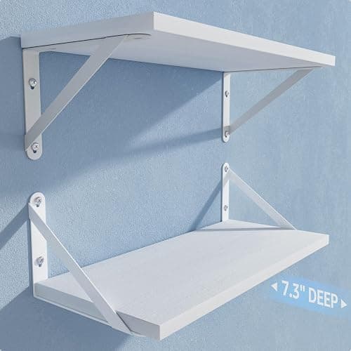 COCOYA Wall Shelves 7.3" Deep Set of 2, Solid Paulownia Wood Wider Longer Sturdy Easy to Install Wall Mounted Bookshelves Storage Shelves Bathroom Storage Office Laundry Room Bedroom Organizer White - Image 1