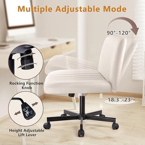 Criss Cross Chair with Wheels, Cross Legged Office Vanity Chair with Wheels, Comfortable Beige Vanity Chair with Back, Armless Fabric Adjustable Wide Swivel Criss Cross Desk Chair for Home Office thumbnail 4