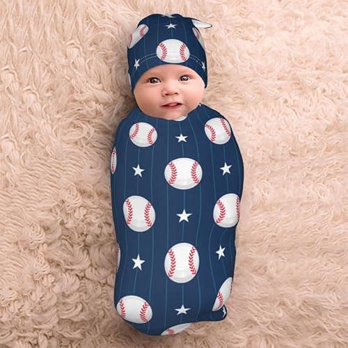 Cute Baseball Print Baby Stuff Swaddle Blanket Hat Set for Boys Girls, Soft Newborn Swaddle Wrap Blanket Shower Gift thumbnail 2