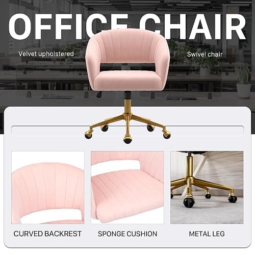 Home Office Chair Swivel Velvet Desk Chair Accent Armchair Upholstered Modern Tufted Chairs with Gold Base for Girls Women Ergonomic Study Seat Computer Task Stools for Living Room(Pink) thumbnail 8