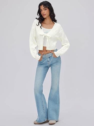 CIDER Womens Crop Tie Front Cardigan Cute Fall Fashion Cozy Sweaters Trendy Crochet Going Out Puff Sleeve Top thumbnail 5